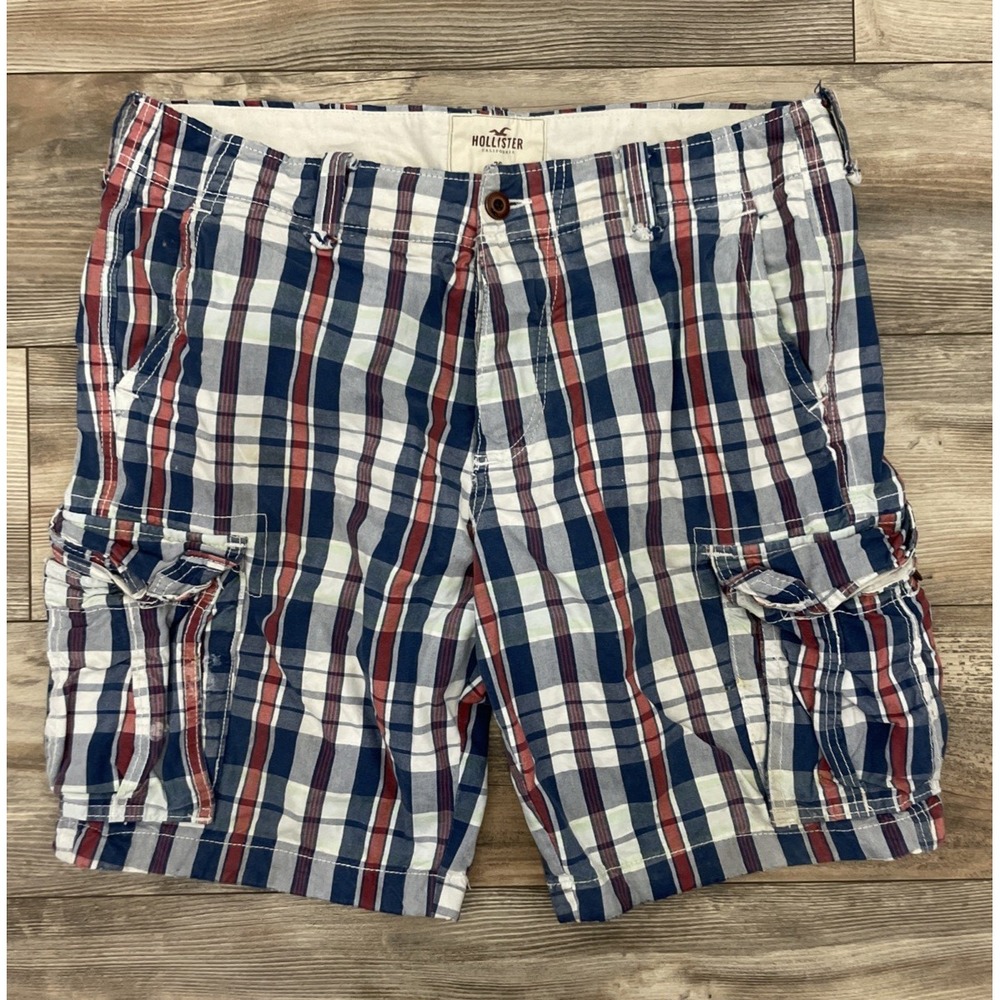 Vintage Hollister Cargo Shorts Mens 36 Red White Blue Plaid Y2K Baggy Skater